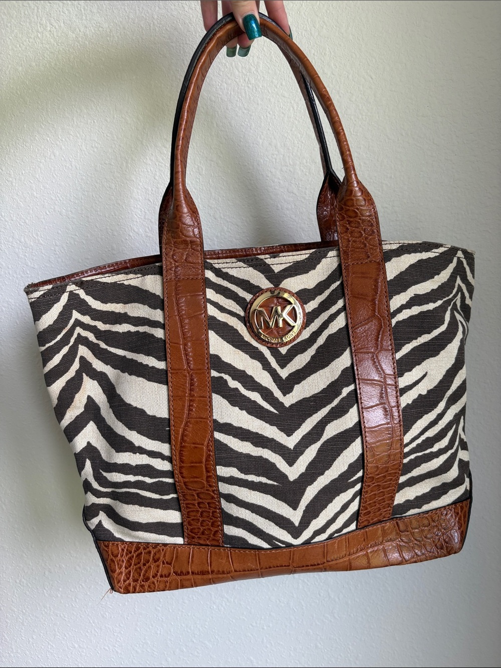 Michael Kors Fulton Zebra Print Canvas Tote with Brown Leather Trim